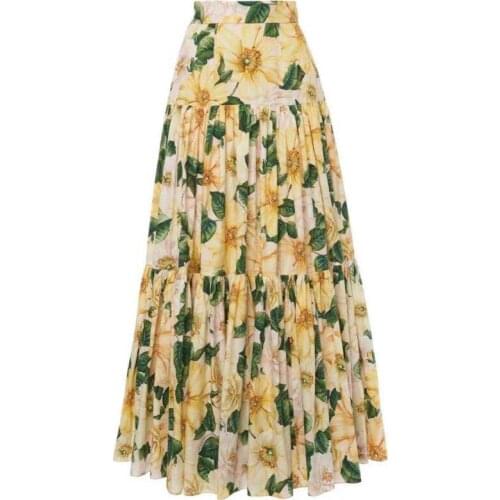 Skirt Long Women 2021 Spring Summer cotton Printed Camellia Yellow Flower Fashion Luxury High Waist Trend