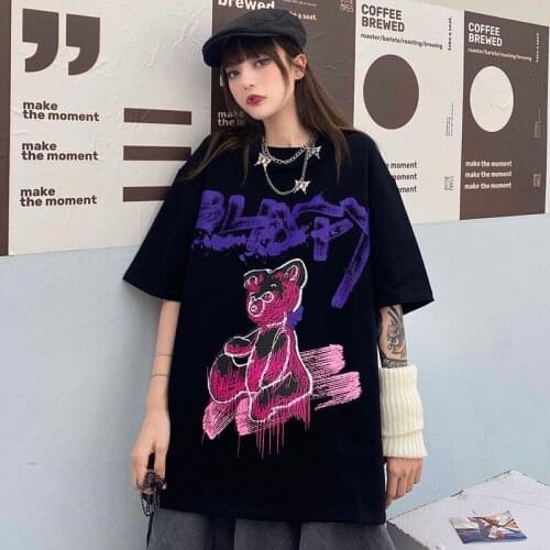 2021 Black Bear T-Shirt Femme Oversized Hip Hop T Shirts Streetwear Summer Loose Casual Cute Tops High Street Tshirt Women