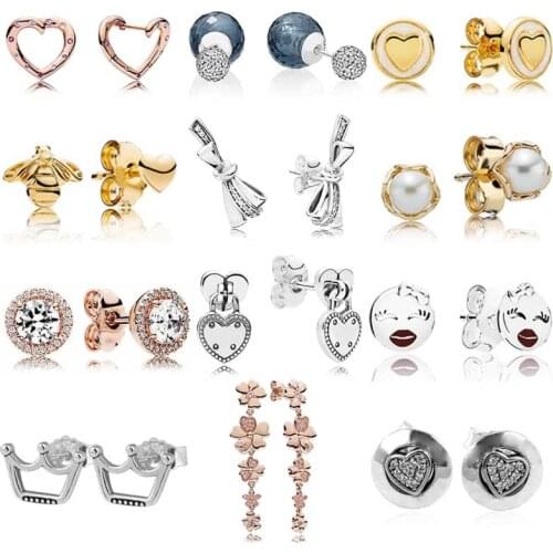 925 Sterling Silver Elegance Golden Bee Padlock-inspired Love Locks Brilliant Bow pan Stud Earrings For Women Jewelry Gift