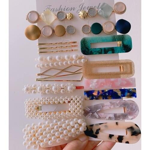 Top Fashion Women Girls Imitation Pearls Acetic Acrylic Resin Crystal Hair Clips Set Ins Geometric Elegant Hairpins Barrettes
