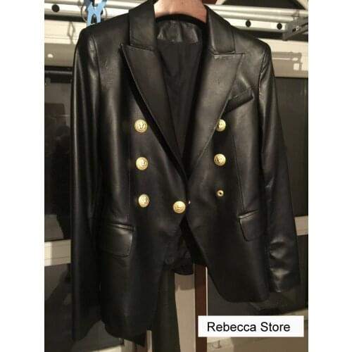 [ElfStyle] - REAL LEATHER BLAZER FOR WOMAN DOUBLE BREASTED FRONT LONG SLEEVED CUFFS BUTTONED
