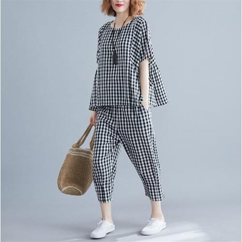 2020 2 Piece Sets Tracksuits Women Plus Size Plaid Short Sleeve T-shirts And Pants Casual Fashion Sport Suits 5XL