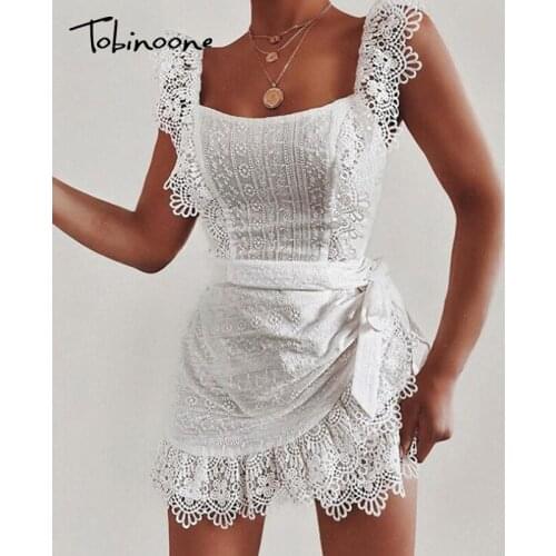 Tobinoone Ruffled hollow out embroidery women dress backless summer casual short dress High waist solid ladies party dress