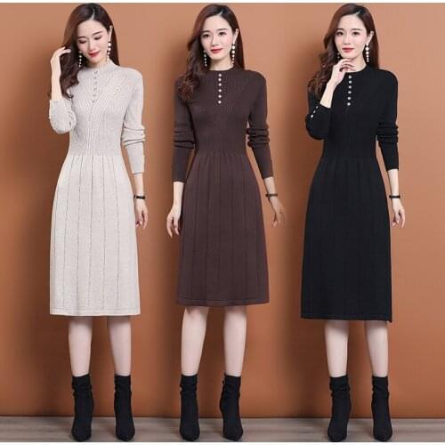 Women Autumn And Winter Dress New 2020 Womens Knitted Long Sleeve High Elastic Sweater Dress