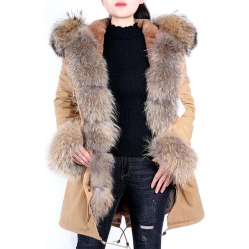 2021 Fashion Women Parkas Rabbit Fur Lining Hooded Long Coat Outwear Army Green Large Raccoon Fur Collar Winter Warm Jacket