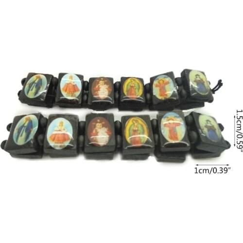 4pc Catholic Jewelry Christian Supplies Wooden Icon Elastic Bead Bracelet Gift