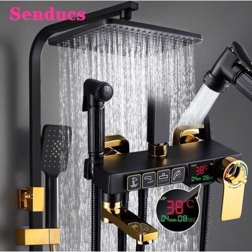 Digital Shower Set Senducs ABS Hand Shower Head Quality Brass Bathtub Mixer Faucet Black Gold Thermostatic Bathroom Shower Set