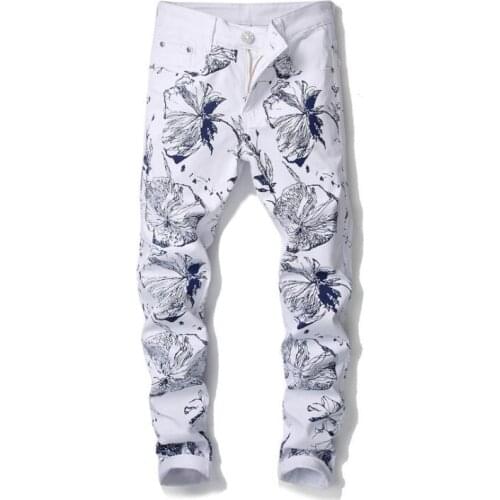 Cheap Digital printing white jeans men biker jeans men trousers male denim pants masculino motorcycle fashion designer