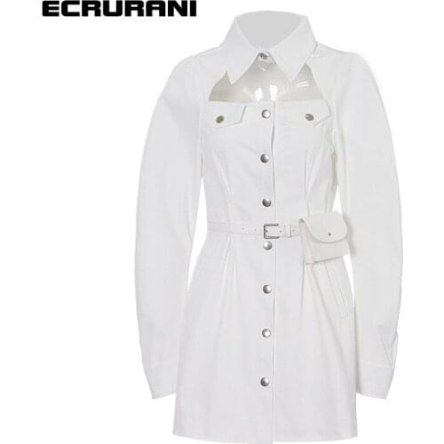 ECRURANI Elegant Patchwork Dress For Women Lapel Long Sleeve High Waist Sashes Bag Designer Mini Dresses Female 2021 New Clothes