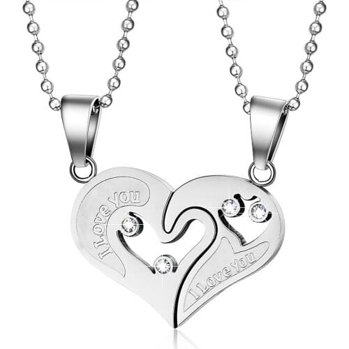 Graceful Romantic Present Dress Up Couple Necklace Fashion Stainless Steel Valentine Day Heart Pendant I Love You Simple Style