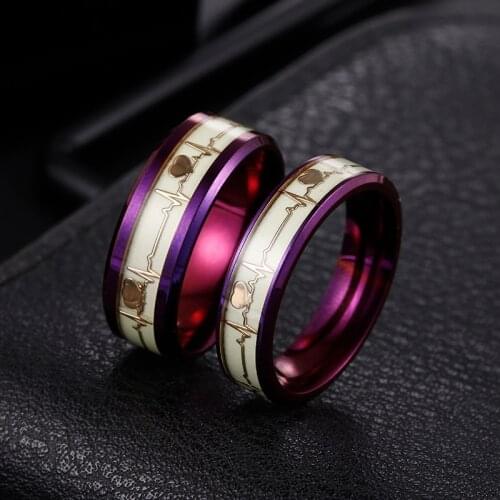 Purple Heartbeat ECG Stainless Steel Fashion Luminous Ring Party Lover Jewelry Valentines Day Anniversary Gift for Couple