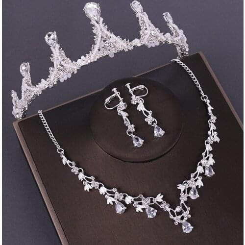 Crystal Bridal Jewelry Sets Silver-Color Necklace Earrings Set Wedding Jewelry Parure Bijoux Femme Rhinestone Crowns
