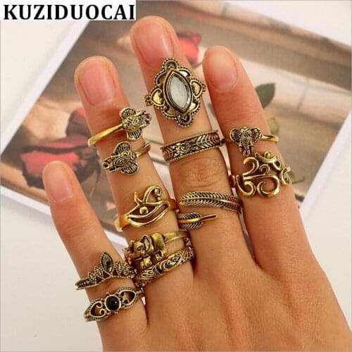 Kuziduocai New Fashion Fine Jewelry 11 Pc/Set Vintage Punk Bohemia Beach Elephant Leaves Crown Rings For Women Girls Gifts R-16