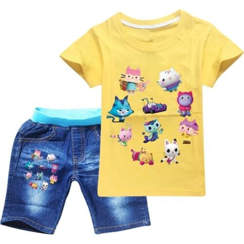Summer Kids Gabbys Dollhouse T-shirt 3D Cartoon Printed Pullovers Leisure Fashion Children Boys Girls Sports Tees Tops + Jeans
