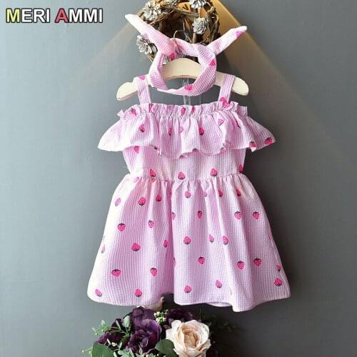 MERI AMMI 2 pcs Set Children Girl Clothing Short Sleeve Floral Dress+ Free Headband For 2-7 Year Girl