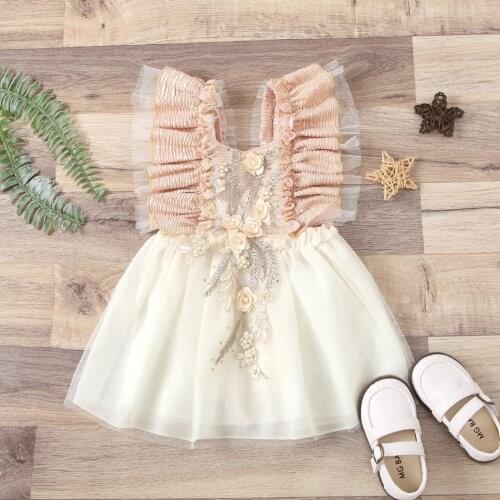 Cute Baby Girl Dress Toddler Infant Baby Girls Ruffle Embroidered Bead Patchwork Tulle Dress Princess Baby Clothes Costume