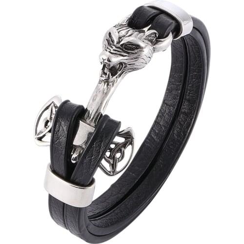 Newest Men Trendy Jewelry Black Leather Bracelet Stainless Steel Wolf Head Bracelet Wrap Bracelets for Man Bangle Vintage PW780