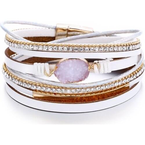 New White Mens Leather Bracelet Multi-layer Magnetic Buckle Bracelet Simple Cluster Crystal Creative Retro Rope Chain Unisex