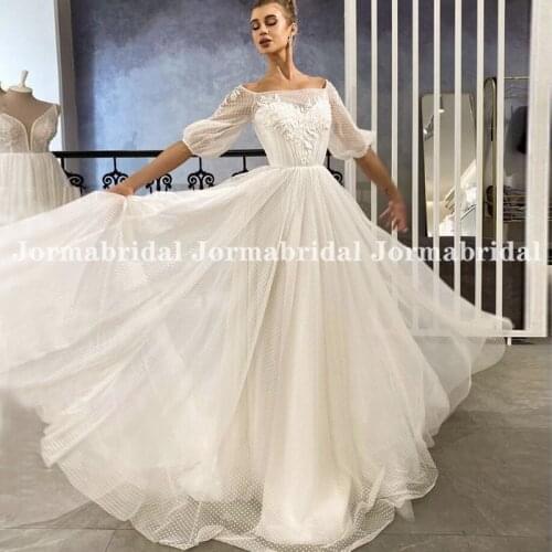 Half Sleeve Polka Dot Tulle Wedding Dresses Boho Squar Collar Light Weight Summer Wedding Beach Bridal Gowns suknia slubna