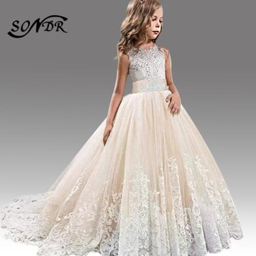 Back Bow Flower Girl Dresses HT209 O-Neck Tank Vestidos De Noches Para Ninas Lace Shiny Crystal Little Kids Pageant Gowns