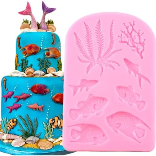 Fish Shell Coral Silicone Mold Seaweed Cupcake Topper Fondant Mould Cake Decorating Tools Resin Clay Molds Candy Chocolate Mould
