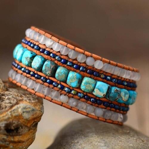 Luxury Multilayers Leather Wrap Bracelet Vintage Natural Stones Weaving Statement Cuff Bangle Bracelet Bohemian Jewelry