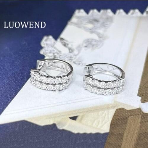 LUOWEND 100% 18K White Gold Earrings Women Engagement Hoop Earrings 2 Row Drill Natural Diamond Earring Fashion Design