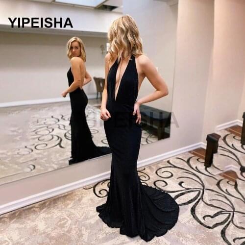 Sexy Halter Deep V-Neck Evening Dresses Stretchy Black Mermaid Long Formal Prom Party Gowns robe de soirée de mariage