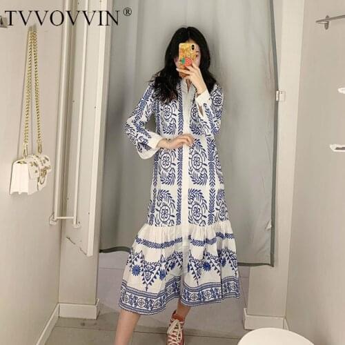 TVVOVVIN Tide V Neck Printing Vintage Dress Women Ruffle Patchwork Loose Plus Size Dress 2020 Autumn New Long Sleeve Dress D309
