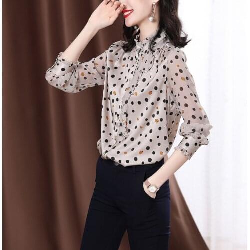 Women Blouse Artificial Silk Womens Long Sleeve Spring And Summer Womens Clothing Ruffled Polka Dot Top Blusas Mujer De Moda