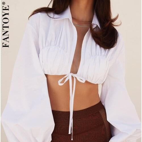 Fantoye Lantern Sleeve Lace Up Ruched Women T-shirt White Turn-down Collar Short Tops Ladies Summer Sexy Casual Streetwear 2021
