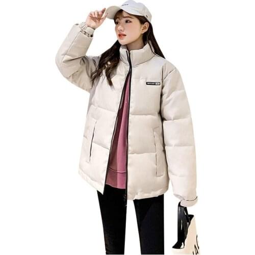 Women Short Winter Jacket Student PU Stand Collar Windproof Down Jacket Oversize Cotton padded Parkas Outwear Coat