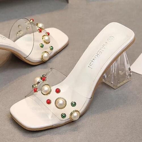 Womens Shoes Slippers Peep-Toe Transparent PVC Pearl Decoration High Heels Crystal Chunky Heel Fashion Outdoor Mules High Heels