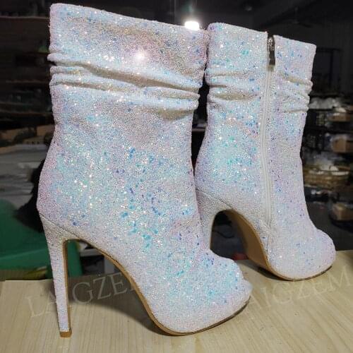 BERZIMER Celebrity Women Ankle Boots Side Zip Glitter Bling Stiletto Heels Booties Botas Zapatos Wedding Shoes Woman Size 43 47