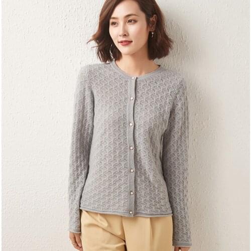 Spring Autumn New Gentle Wind 100% Pure Wool Cardigan Womens Light And Thin Section Pure Color Hollow Loose Knit Sweater Coat