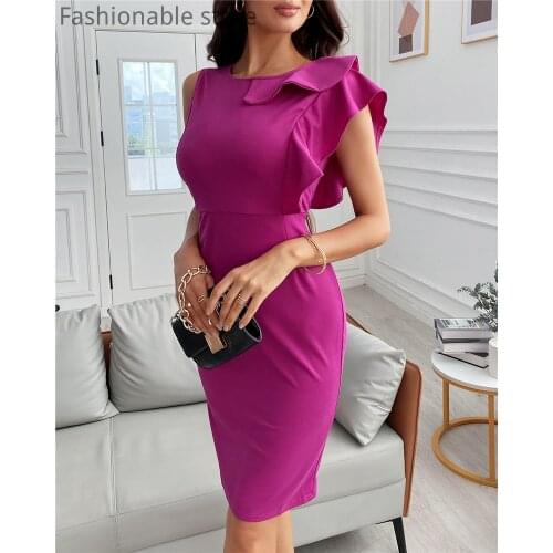 Women Elegant Ruffles Trim Sleeveless Work Dress Plus Size Solid Color O-Neck Hem Slit Mini Dress