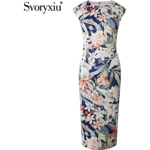 Svoryxiu Designer Summer Sleeveless Dress Womens Elegant O-Neck Flower Print Package Buttocks Sheath Midi Dresses Vestdios XXL