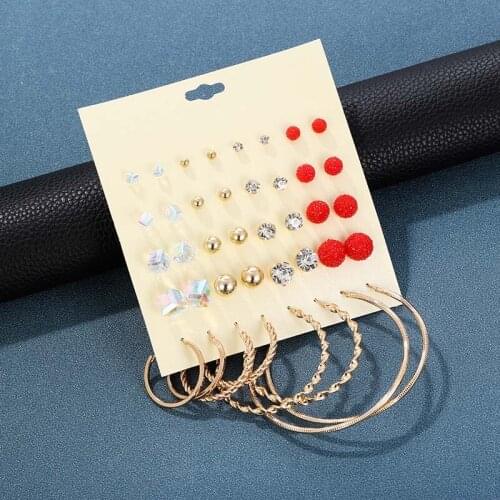 20 Pairs/set Fashion Female Geometric Square Crystal Stud Earrings Set For Women 2019 Trendy Gold Round Circle Earring Jewelry