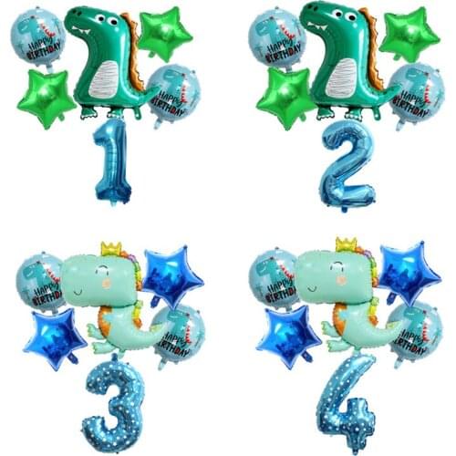6pcs cute dinosaur aluminum foil balloon digital five-pointed star Number for childrens birthday party dinosaur theme decorati