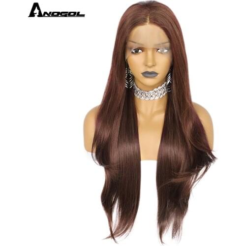 Anogol Brown Natural Wave Straight Wigs For Women Heat Resistant High Temperature Fiber Synthetic Lace front Wig