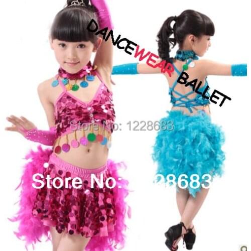Girls Kids Sequin Glitter Bling Feather Salsa Samba Tango Ballroom Latin Dance Dress Latina Costume Skirts Vestidos De Baile