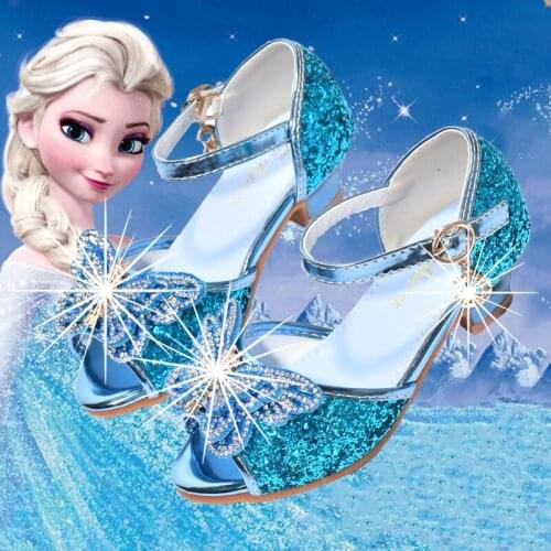 Disney childrens cartoon bow frozen princess girl soft sole high heel sandals party show dance shoes crystal sequin shoes