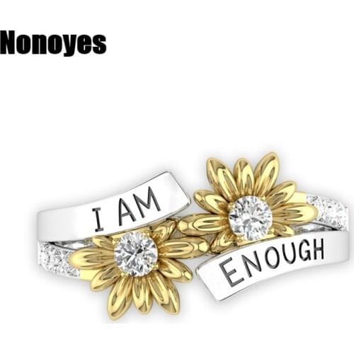 Elegant Silver Sunflower Ring for Women with Engraved I Am Enough Zircon Ring Wedding Engagement Jewelry Party Anniversary Gift