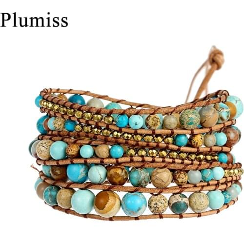 Ethnic Boho Leather Wrap Bracelet Multi Size Natural Stone Beads Bracelets for Women 5 Strands Times Fashion Jewelry