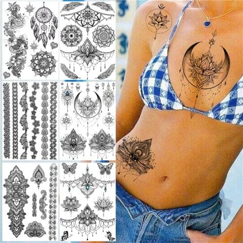 Fake Jewelry Pendant Temporary Tattoo For Women Girl Adult Black Henna Bracelet Tattoos Sticker Tribal Lace Tatoos Waterproof