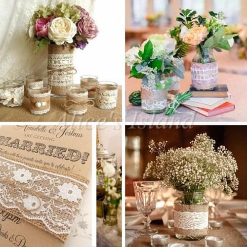 2meter Natura Jute Burlap Hessian Ribbon with Lace Trims Tape roll vintage rustic wedding decoration mariage wedding cake topper