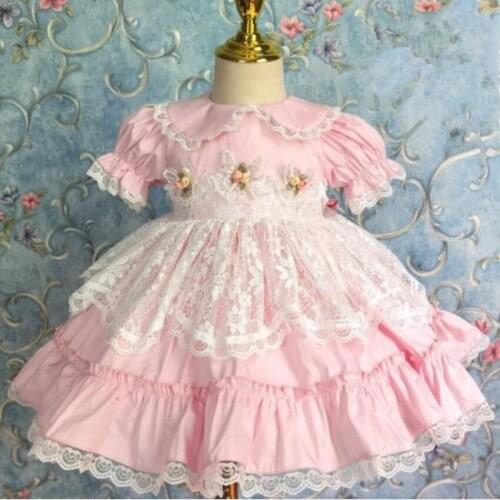 Baby girl summer vintage Spanish lolita ball gown dress kids embroidered puff sleeve lace stitching Turkey birthday party dress