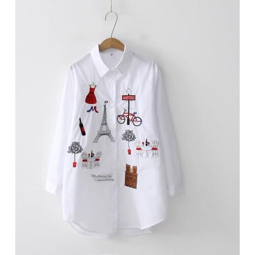 New White Womens Blouse Long-sleeved Cotton Embroidered Pattern Blouse, Ladies Casual Loose Button Design Lapel Blouse 2021