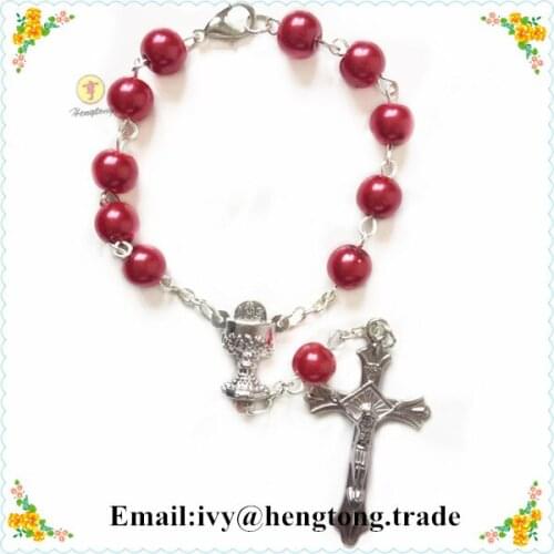 Wholesale free shipping 10pcs/pack 8mm red glass imitation pearl bead rosary bracelet, religious rosary bracelets special offer