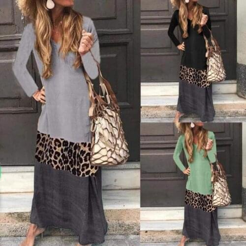 Autumn Long-sleeved Long Dress Casual Loose Dark Academia Female Clothing Leopard Stitching Ankle-Length Casual Night Dresses OL